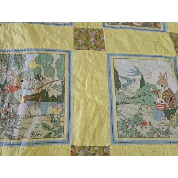 Vintage Beatrix Potter Peter Rabbit Baby Quilt Nursery Crib Blanket Yellow 57x44 - Picture 3 of 9
